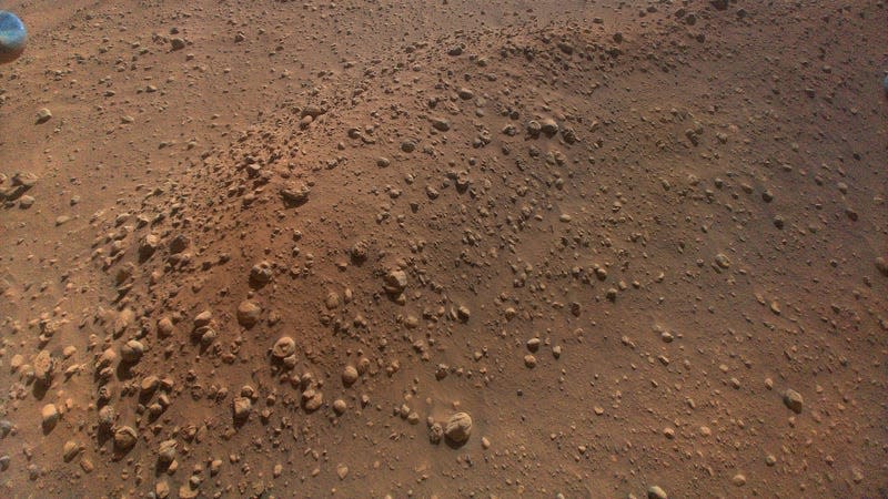 An aerial view of the Castell Henylls region on Mars, as seen on Ingenuity’s 48th flight.