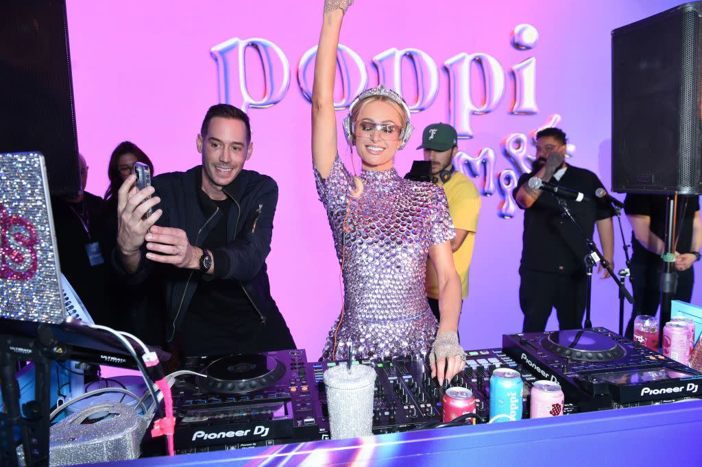 los angeles, california january 26 carter reum and paris hilton attend the poppi mart launch party on january 26, 2024 in los angeles, california photo by vivien killileagetty images for poppi