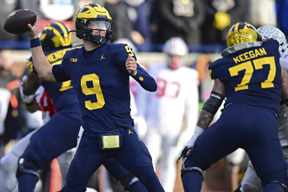 Michigan quarterback J.J. McCarthy throws a pass during the second half of an NCAA college football game against Ohio State, Saturday, Nov. 25, 2023, in Ann Arbor, Mich. Michigan won 30-24. (AP Photo/David Dermer)