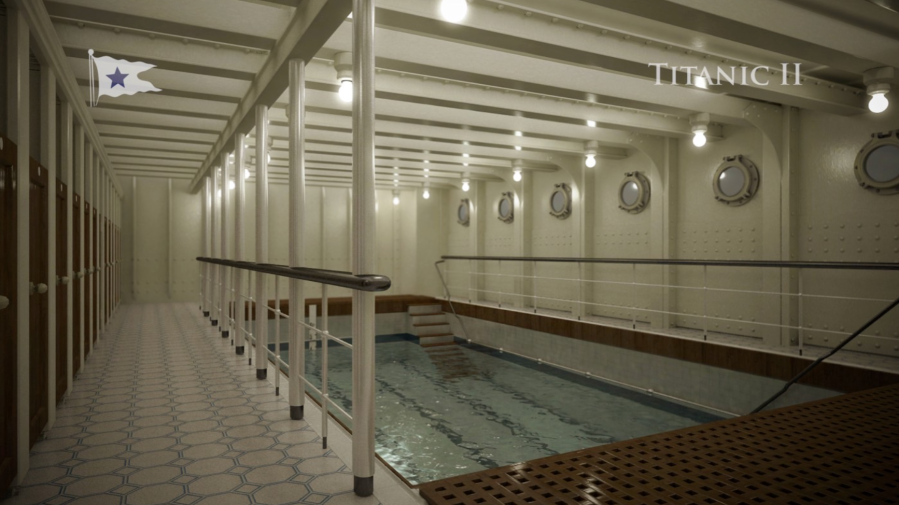 A replica of what the swimming pool area will look like on the Titanic II. The ship’s maiden voyage is scheduled for June of 2027. (Blue Star Line)