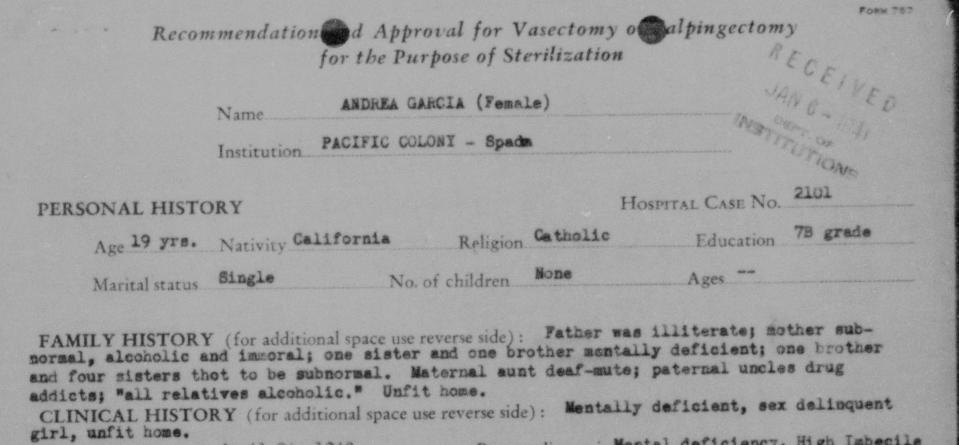 An institutional evaluation of Andrea Garcia, 19, circa 1940, recommends sterilization.