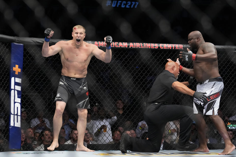 Sergei Pavlovich of Russia reacts after defeating Derrick Lewis