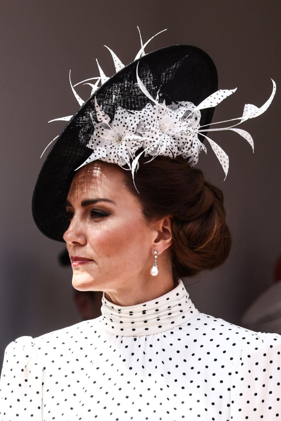 WINDSOR, ENGLAND - JUNE 19: Catherine, Princess of Wales reacts as she arrives at St George's Chapel to attend the Order Of The Garter Service at Windsor Castle on June 19, 2023 in Windsor, England. (Photo by Henry Nicholls - WPA Pool/Getty Images)