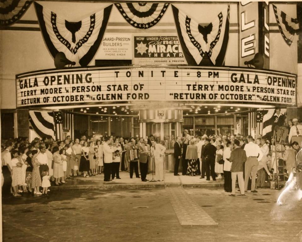 The Miracle Theatre on Miracle Mile in Coral Gables opened on Dec. 7, 1948, with the Glenn Ford American comedy film, “The Return of October” on its marquee. For the opening gala, Ford’s costar in the film, Terry Moore, appeared in person at the Miracle in a Hollywood-styled opening night celebration.