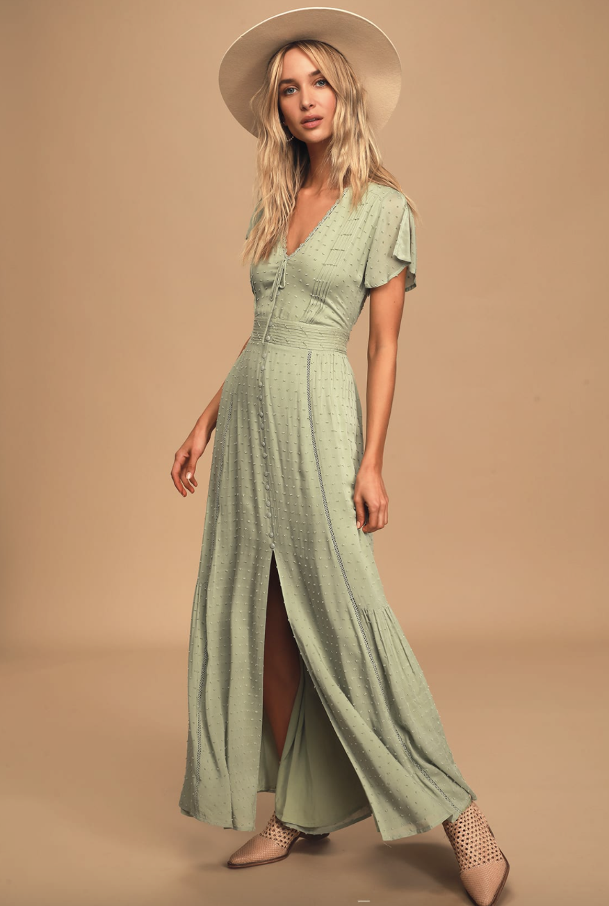 blonde model in beige wide brim hat and sage green Completely In Love Button-Front Maxi Dress (Photo via Lulus)