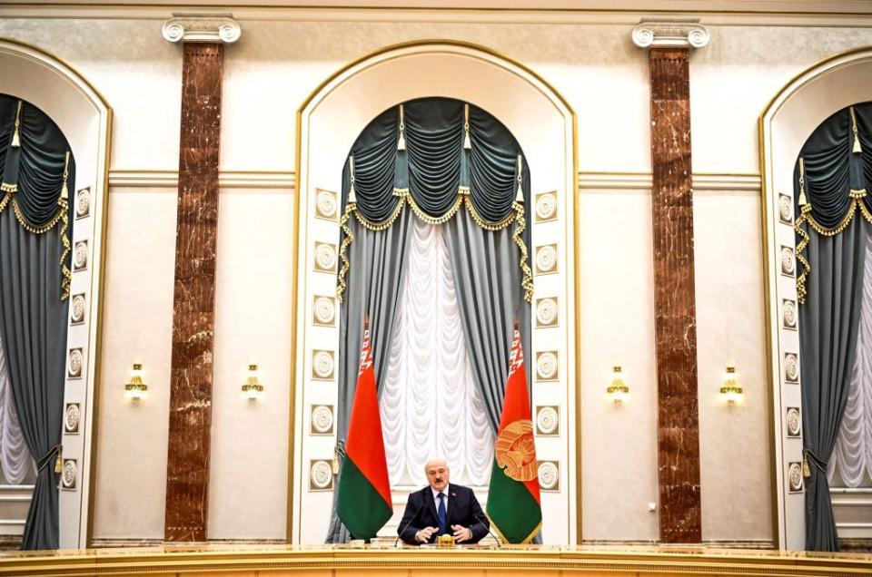 Belarusian dictator Alexander Lukashenko meets with foreign media at his residence, the Independence Palace, Minsk, Belarus, on July 6, 2023. (Alexander Nemenov/AFP via Getty Images)