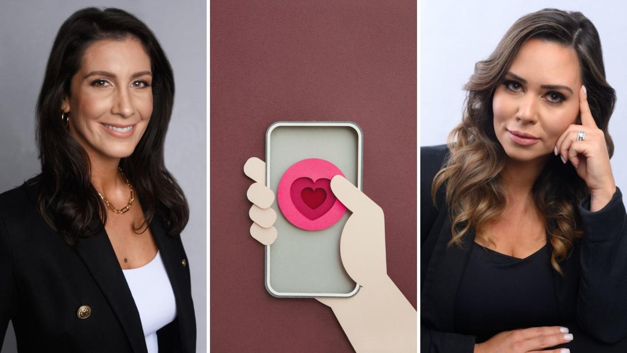 Melanie Leahy smiles at camera, computer generated graphic of hand holding phone with love heart in dating app concept, Elisse Alexander looks at camera. 