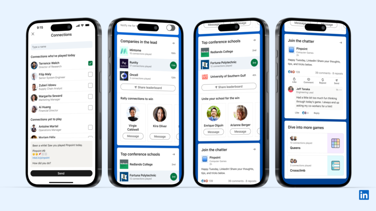  Four phones in a line showing how users connect with LinkedIn Games. 