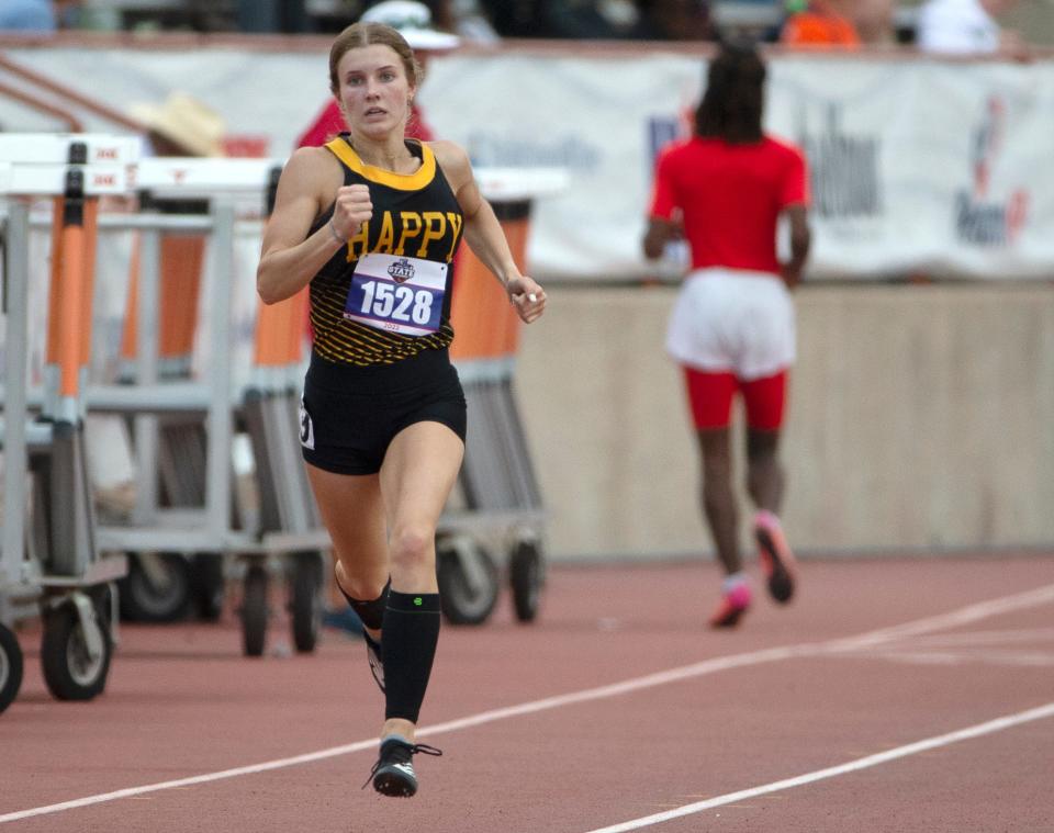 Happy's Emily Berry competes in the Class 1A 400 meter dash during the UIL State Track and Field meet, Saturday, May 14, 2022, at Mike A. Myers Stadium in Austin.