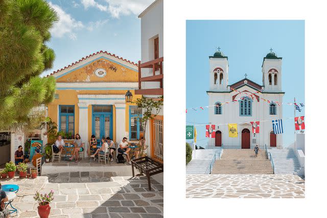 <p>Margarita Nikitaki</p> From left: Café tables in the main square in Lefkes; Naousa's Faneromeni Church.