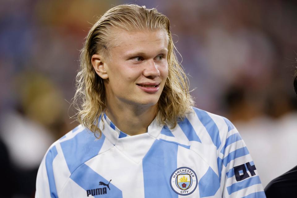 Manchester City forward Erling Haaland (9) looks on after a Club Friendly match against Bayern Munich.