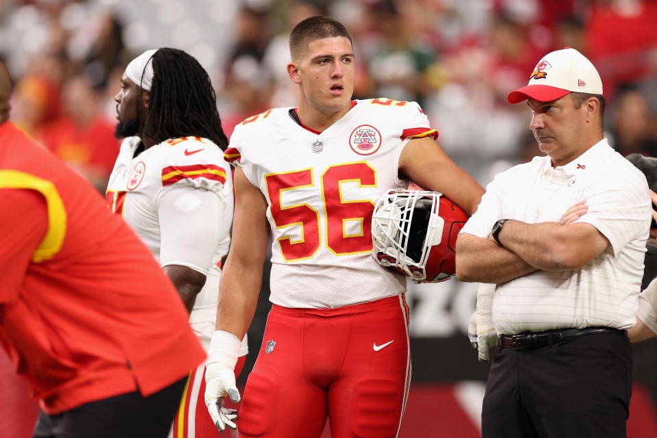 GLENDALE, ARIZONA – SEPTEMBER 11: Defensive end George Karlaftis #56 of the Kansas City Chiefs warms up before the NFL game at State Farm Stadium on September 11, 2022 in Glendale, Arizona. The Chiefs defeated the Cardinals 44-21. (Photo by Christian Petersen/Getty Images)