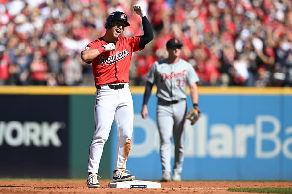 CLEVELAND, OHIO – OCTOBER 05: Steven Kwan #38 of the Cleveland Guardians reacts after hitting a double during the first inning against the Detroit Tigers in Game One of the Division Series at Progressive Field on October 05, 2024 in Cleveland, Ohio. (Photo by Nick Cammett/Getty Images)