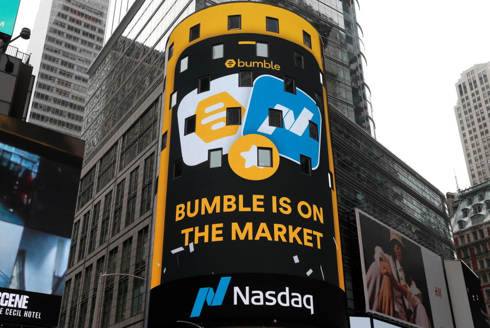 The display outside the Nasdaq MarketSite is pictured as the dating app operator Bumble Inc. (BMBL) made its debut on the Nasdaq stock exchange during the company's IPO in New York City, New York, U.S., February 11, 2021. REUTERS/Mike Segar