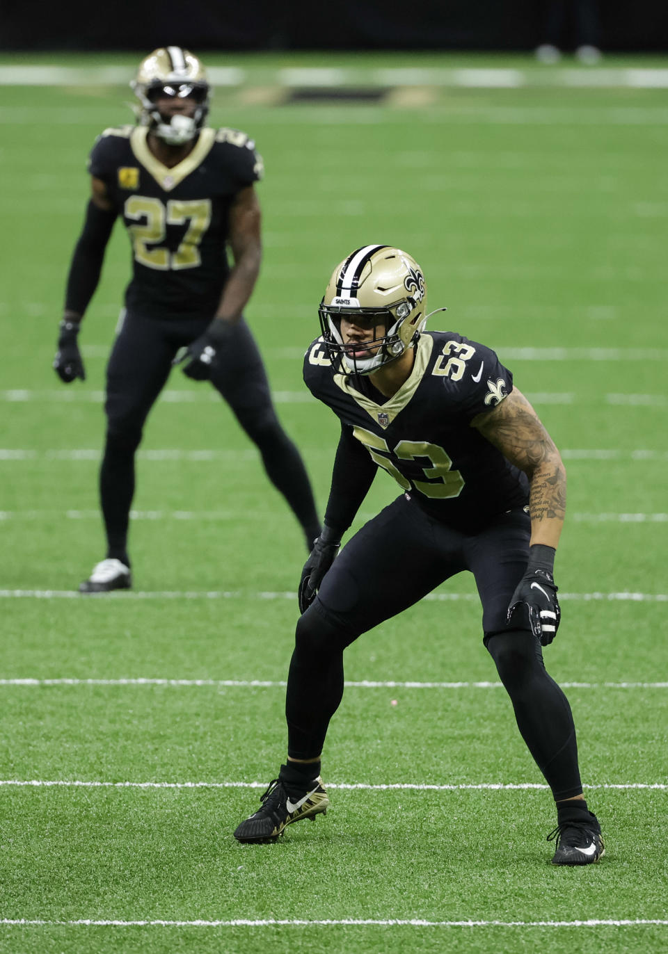 Nov 22, 2020; New Orleans, Louisiana, USA; New Orleans Saints linebacker Zack Baun (53) against the Atlanta Falcons during the second half at the Mercedes-Benz Superdome. Mandatory Credit: Derick E. Hingle-USA TODAY Sports