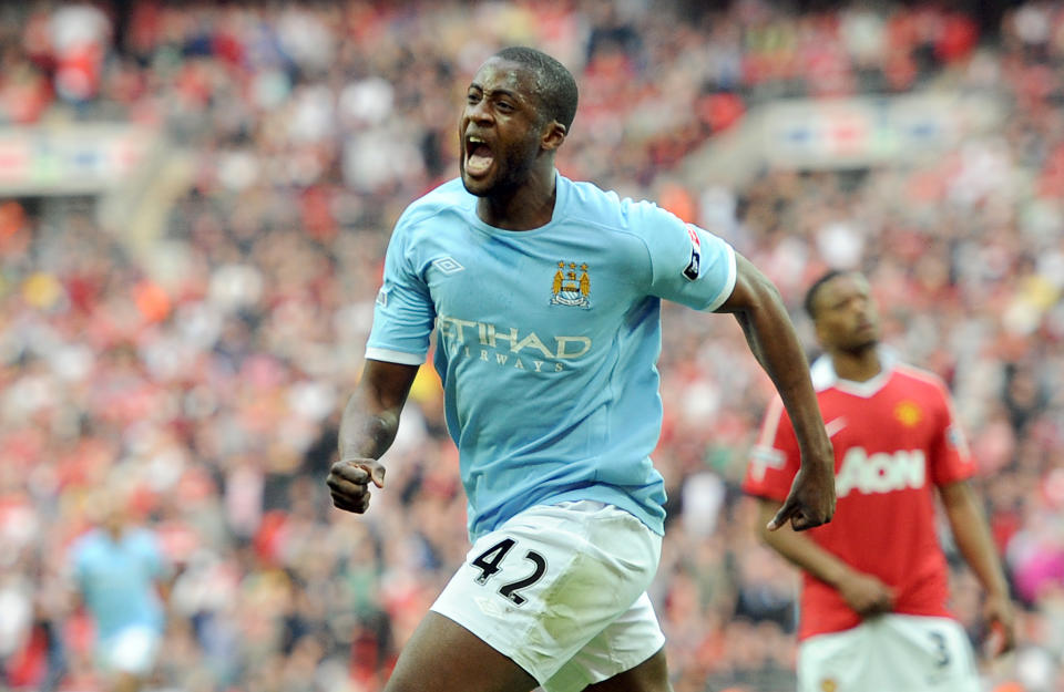 Manchester City's Gnegneri Toure Yaya celebrates scoring his team's opening goal during the FA Cup Semi Final match at Wembley, London.