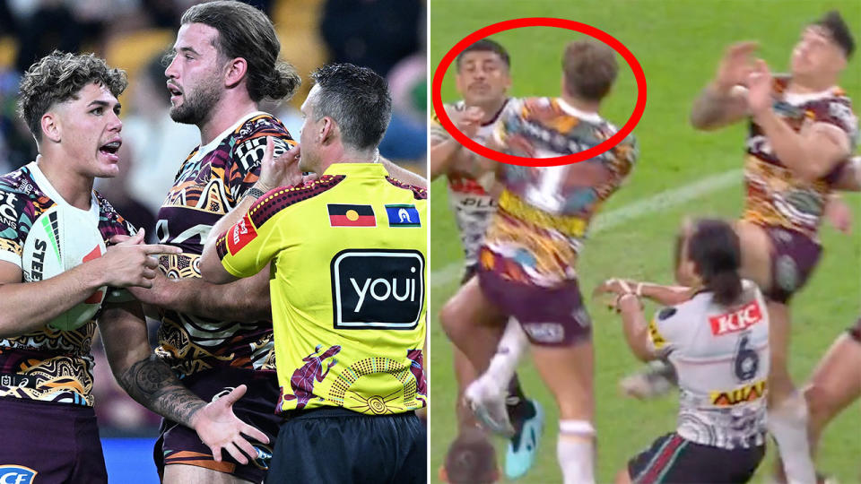 Pictured left is NRL referee Adam Gee with Brisbane's Reece Walsh.