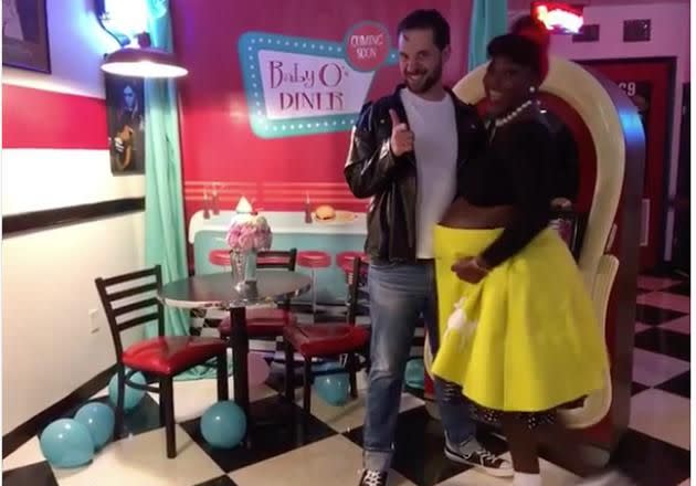 Serena's fiance Alexis channeled Grease's Danny Zuko in his leather jacket. Photo: Instagram