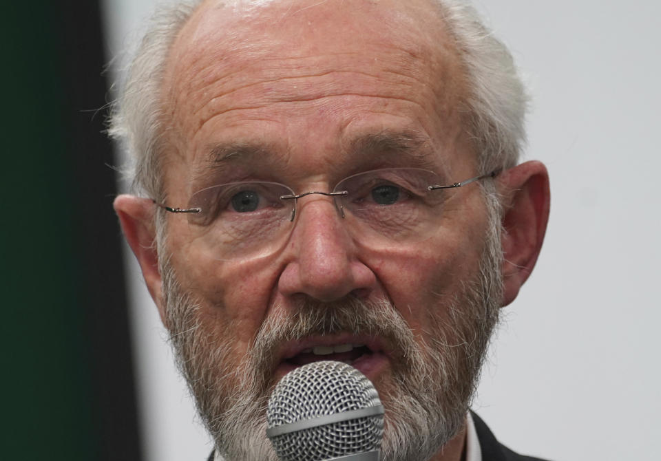 John Shipton father of Julian Assange participate in an event sponsored by the Mexican ruling party Morena, at the headquarters of the Telephone Union, entitled "Freedom for Julian Asange: a global struggle," in Mexico City, Wednesday, Sept. 14, 2022. (AP Photo/Marco Ugarte)