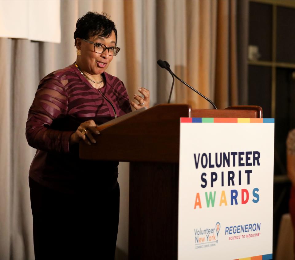 Dr. Valerie Mason Cunningham delivers remarks as she was presented with the Legacy Award as Volunteer New York! held their 44th Annual Volunteer Spirit Awards, presented by Regeneron, at the Westchester Marriott in Tarrytown, April 12, 2024. The award was presented by the Board of Volunteer New York!