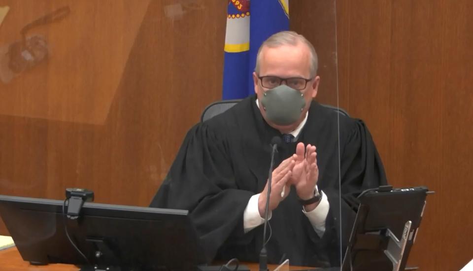 In this image from video, Hennepin County Judge Peter Cahill presides over pretrial motions before jury selection in the trial of former Minneapolis police officer Derek Chauvin on Tuesday, March 9, 2021 at the Hennepin County Courthouse in Minneapolis.  Chauvin is charged in the May 25, 2020 death of George Floyd.