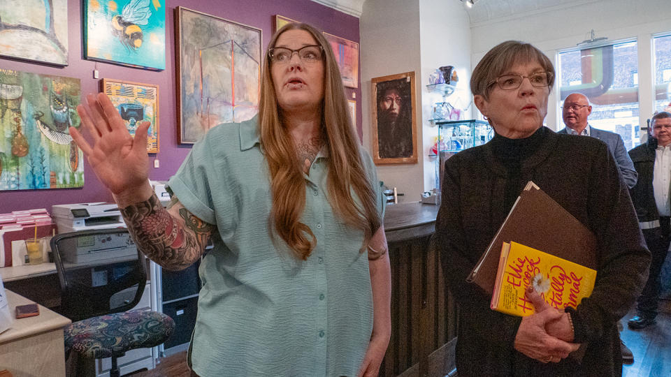 Kaila Mock, owner of Trox Gallery, shows Gov. Laura Kelly around the store during the governor's April 25, 2024, visit to Emporia