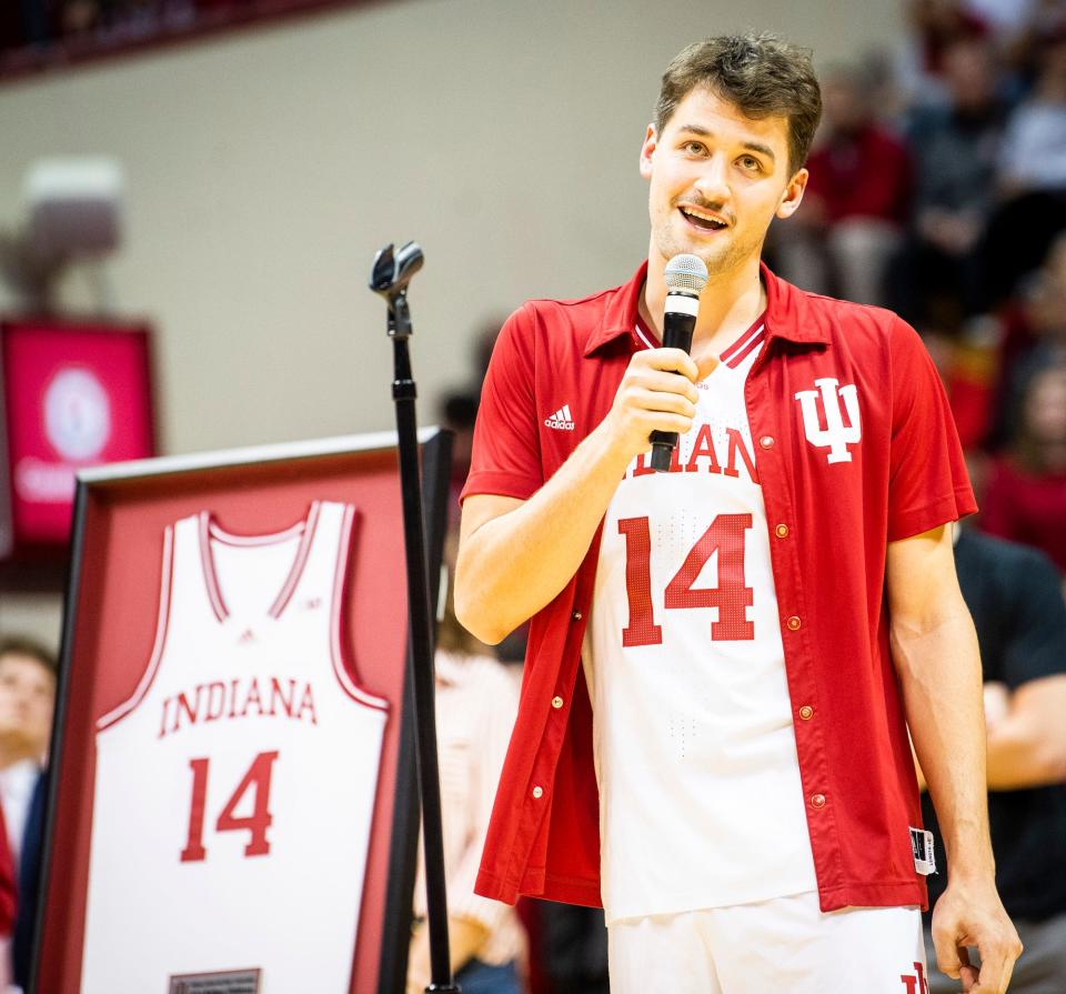 Indiana's Nathan Childress (14) talks during Senior Day activities at Simon Skjodt Assembly Hall on Sunday, March 5, 2023.