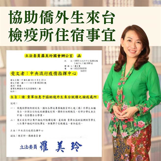 各級學校即將開學，針對僑生返台的防疫措施，民進黨立委羅美玲今（26日）表示，已獲得指揮中心承諾來協助學生們住宿事宜（入住集中檢疫所）。（摘自臉書）