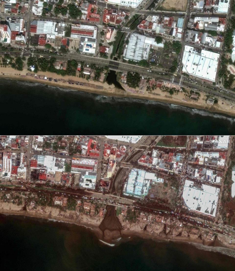 Satellite image shows overview of the coastline in Acapulco, Guerrero state before and after Hurricane Otis (Satellite image Â©2023 Maxar Tech)