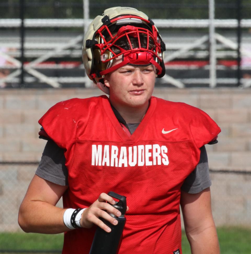 Mount Olive, NJ August 22, 2023 -- Mount Olive senior tackle and defensive end Aidan Lynch during practice.