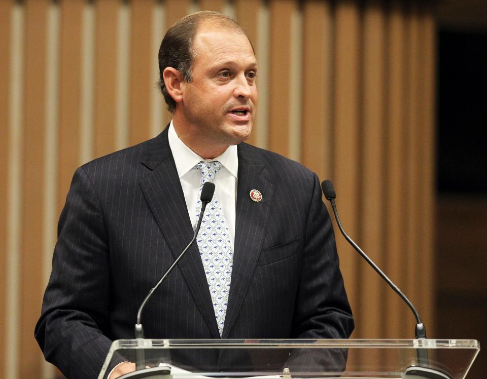 Rep. Andy Barr announces plans for a national horse racing authority at a news conference at Keeneland in Lexington, Monday Aug. 31, 2020.