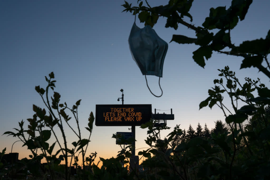 A digital highway sign promotes COVID-19 vaccination on May 14, 2021 in Vancouver, Washington.