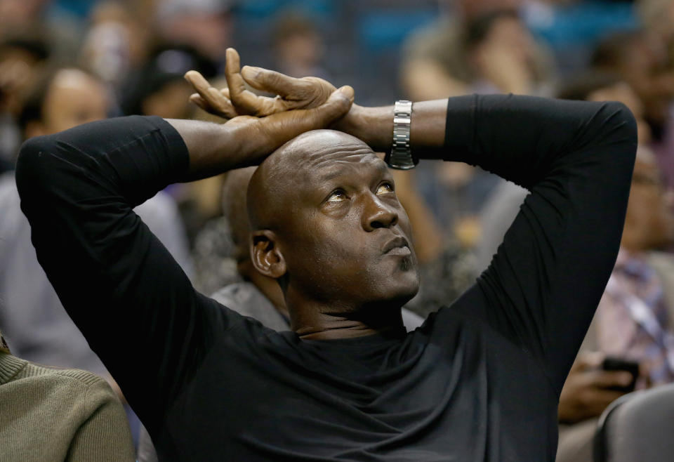 Michael Jordan at a Charlotte Hornets game on Nov. 1, 2015. His namesake brand just fell to No. 3 in U.S. sneakers. (Streeter Lecka/Getty Images)