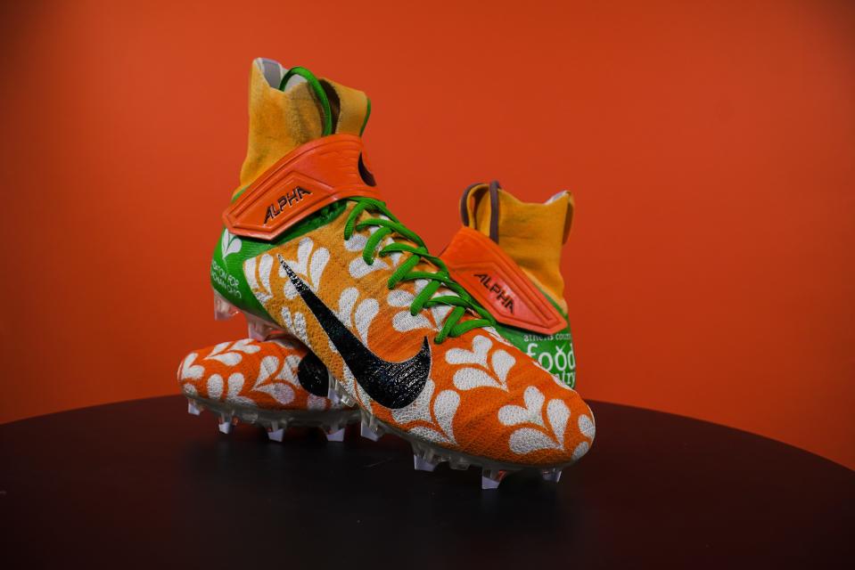 Joe Burrow's cleats for Sunday's "My Cause, My Cleats" NFL initiative. Burrow's cleats will support the Joe Burrow Hunger Relief Fund, which works to combat food insecurity in Southeast Ohio.