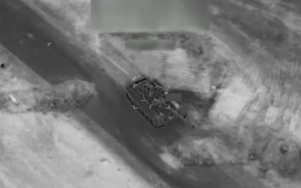 A Russian-made tank seconds before it was destroyed by a US drone near Deir Ezzor, three days after Russian fighters were killed there - CNN