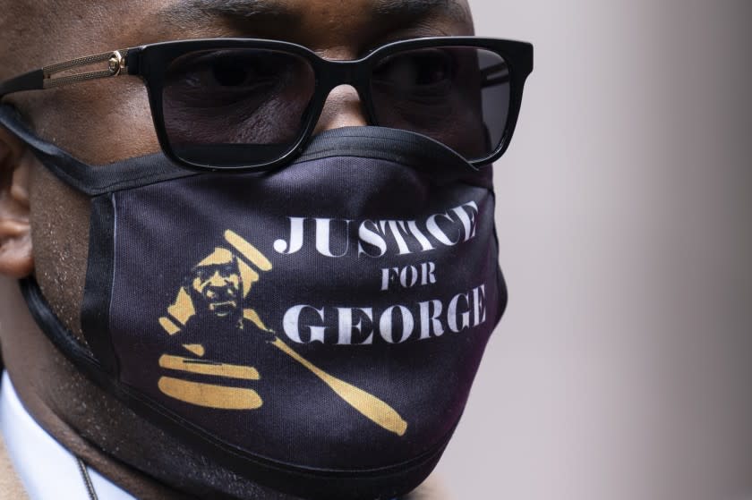 Philonise Floyd, brother of George Floyd, attends a news conference outside the Hennepin County Government Center in Minneapolis on Monday, April 19, 2021, before the murder trial against former Minneapolis police officer Derek Chauvin advances to jury deliberations. (AP Photo/John Minchillo)