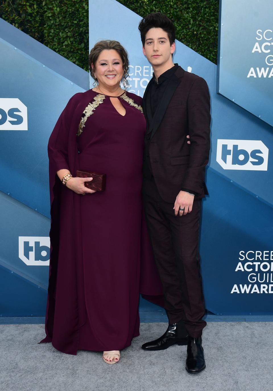 Actress Camryn Manheim and her son Milo arrive for the 26th Annual Screen Actors Guild Awards at the Shrine Auditorium in Los Angeles on January 19, 2020. (Photo by FREDERIC J. BROWN / AFP) (Photo by FREDERIC J. BROWN/AFP via Getty Images)