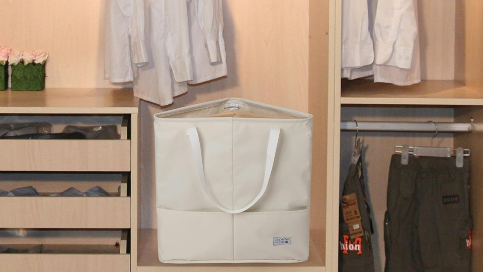 The beige hanger organizer in a stylish closet