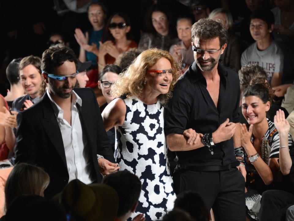 NEW YORK, NY - SEPTEMBER 09: Google co-founder Sergey Brin and designers Diane Von Furstenberg and Yvan Mispelaere walk the runway at the Diane Von Furstenberg show during Spring 2013 Mercedes-Benz Fashion Week at The Theatre at Lincoln Center on September 9, 2012 in New York City. (Photo by Jason Kempin/WireImage)