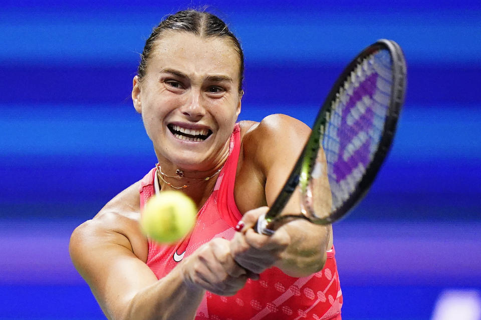 Aryna Sabalenka, of Belarus, returns a shot to Coco Gauff, of the United States, during the women's singles final of the U.S. Open tennis championships, Saturday, Sept. 9, 2023, in New York. (AP Photo/Frank Franklin II)