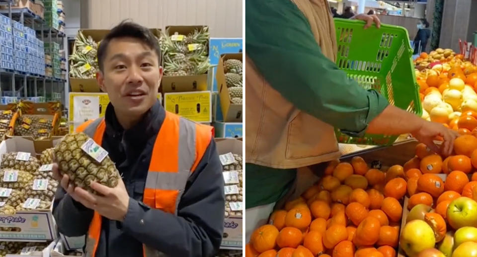 Fruiterer Thanh Truong, 35, holds a pineapple (left) and a man selects an orange from the supermarket shelf (right). 