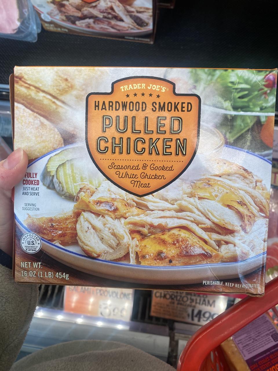 a box of hardwood smoked pulled chicken