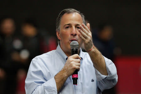 Jose Antonio Meade, presidential pre-candidate for the Institutional Revolutionary Party (PRI), gestures as he addresses supporters during a political event in Mexico City, Mexico January 14, 2018. REUTERS/Daniel Becerril