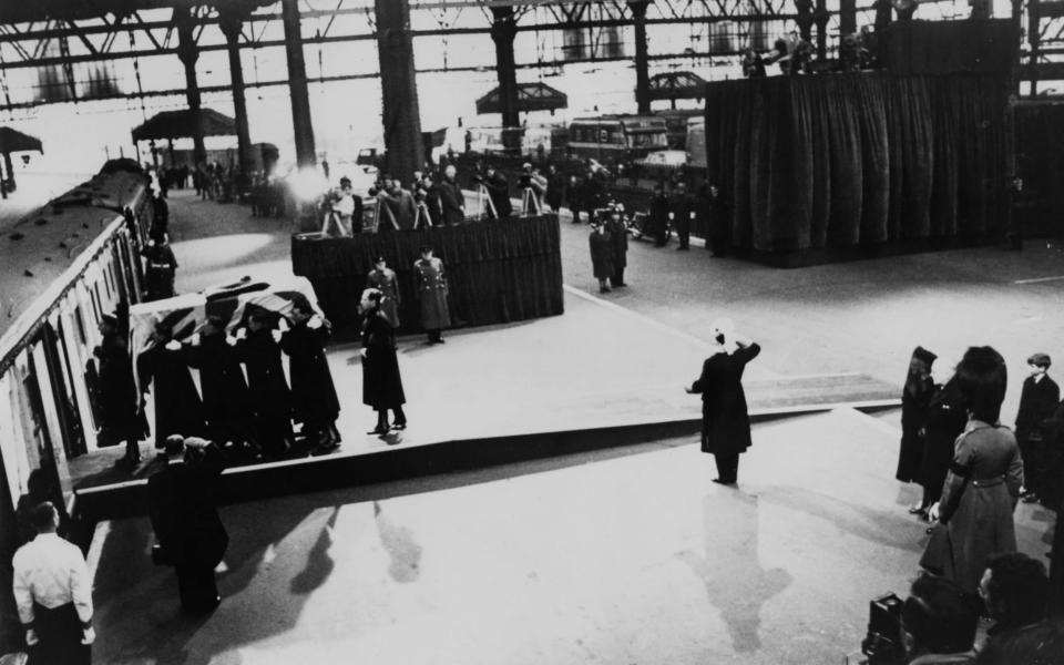 The flag-draped coffin of Sir Winston Churchill 