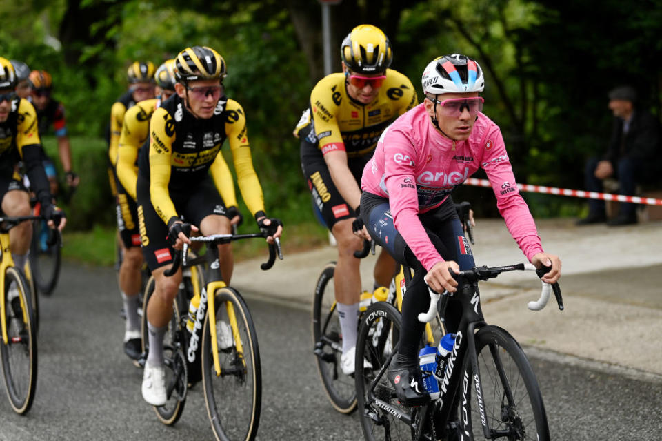 LAGO LACENOBAGNOLI IRPINO ITALY  MAY 09 Remco Evenepoel of Belgium and Team Soudal  Quick Step  Pink Leader Jersey competes during the 106th Giro dItalia 2023 Stage 4 a 175km stage from Venosa to Lago Laceno 1059m  Bagnoli Irpino  UCIWT  on May 09 2023 in Lago Laceno 1059m  Bagnoli Irpino Italy Photo by Tim de WaeleGetty Images