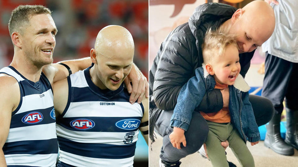 Pictured left is Joel Selwood and former Geelong teammate Gary Ablett, whose son Levi is on the right.