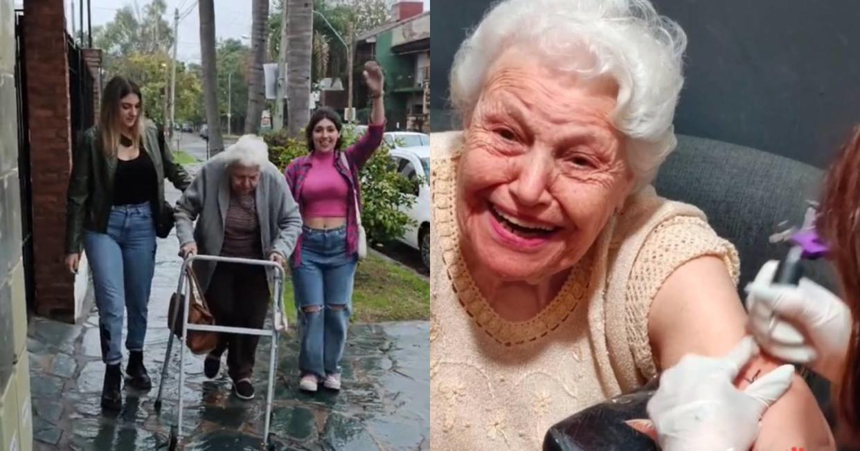 Jovenes llevaron a su bisabuela de 91 años a realizarse un tatuaje. Foto: Captura de video TikTok vía @guada.kelly