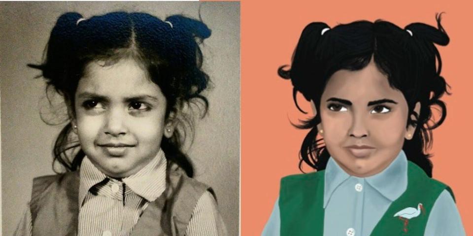 Avni Vyas as a child, left, and the cover of her poetry book, "Little God."