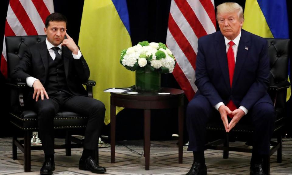 Volodymyr Zelenskiy listens during a bilateral meeting with Donald Trump in New York.