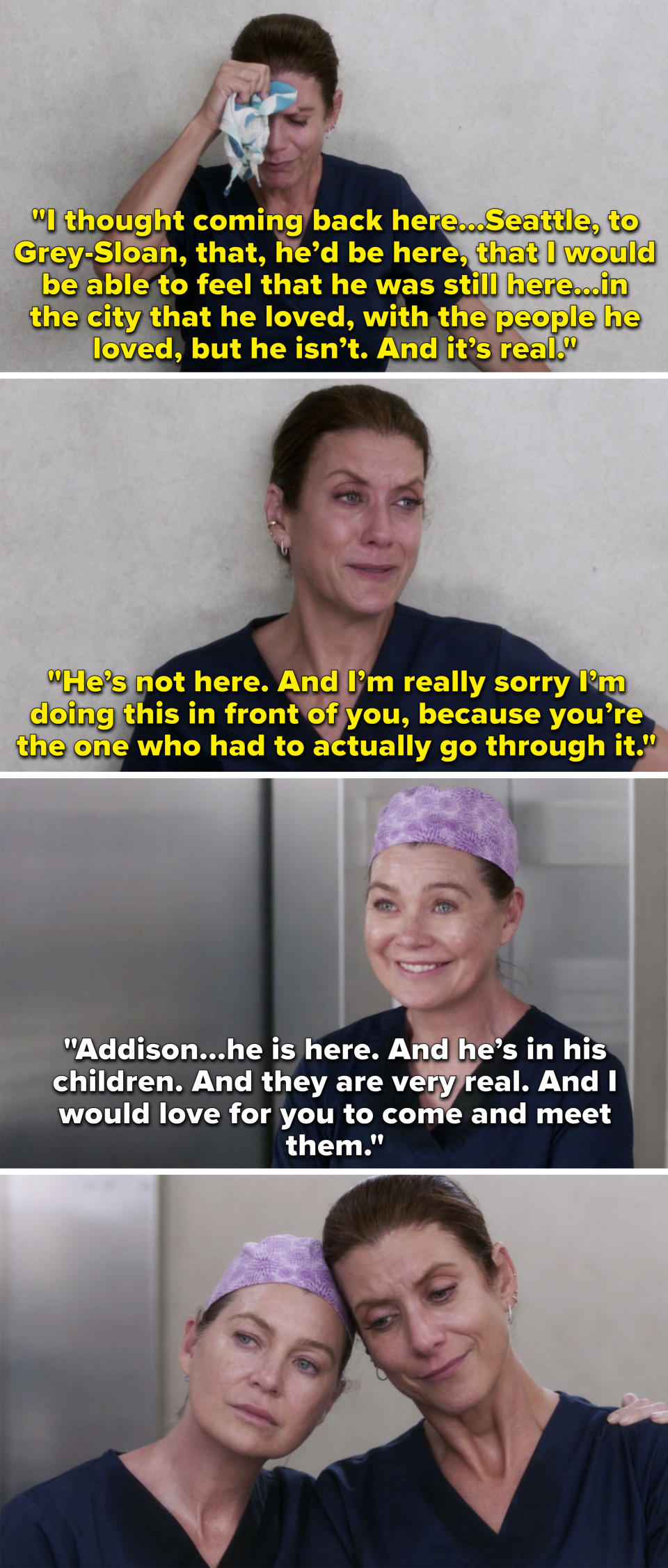 Addison crying in an elevator over Derek and saying how she felt like coming back to Seattle would be like he's still alive, then Meredith invites her to meet their kids